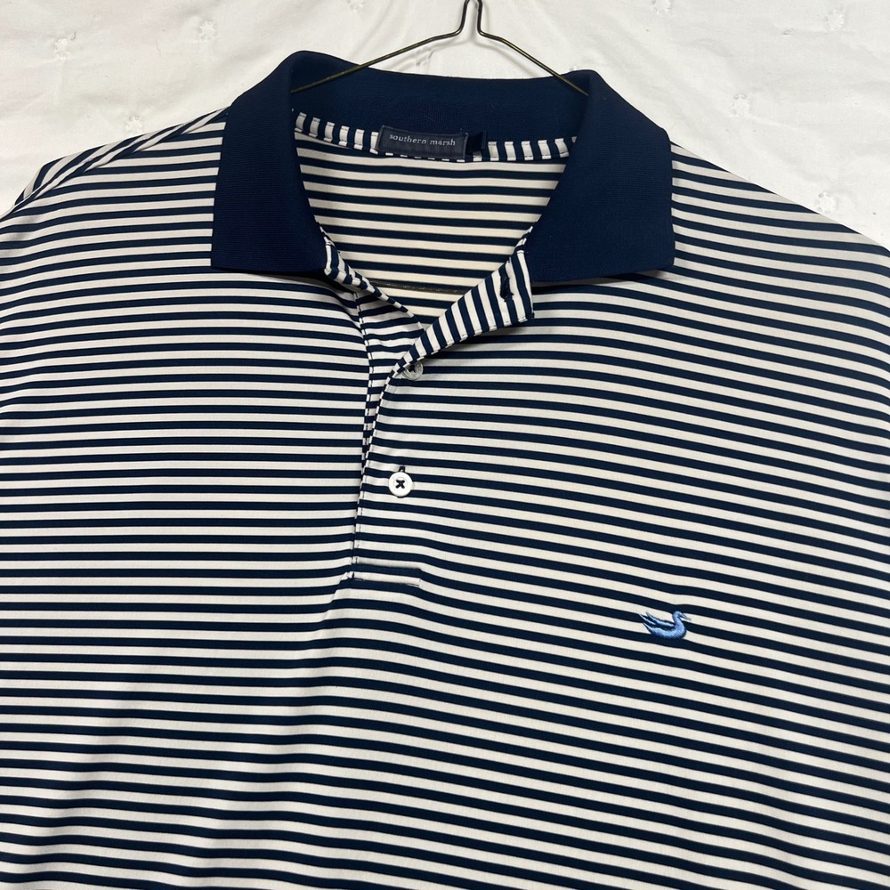 Southern Marsh Mens Performance Polo Shirt Navy White Striped Golf Top XL
